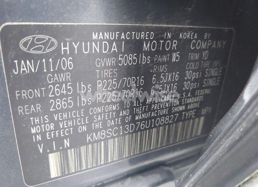 Photo 9 of 2006 Hyundai Santa FE GLS (VIN KM8SC13D76U108827)