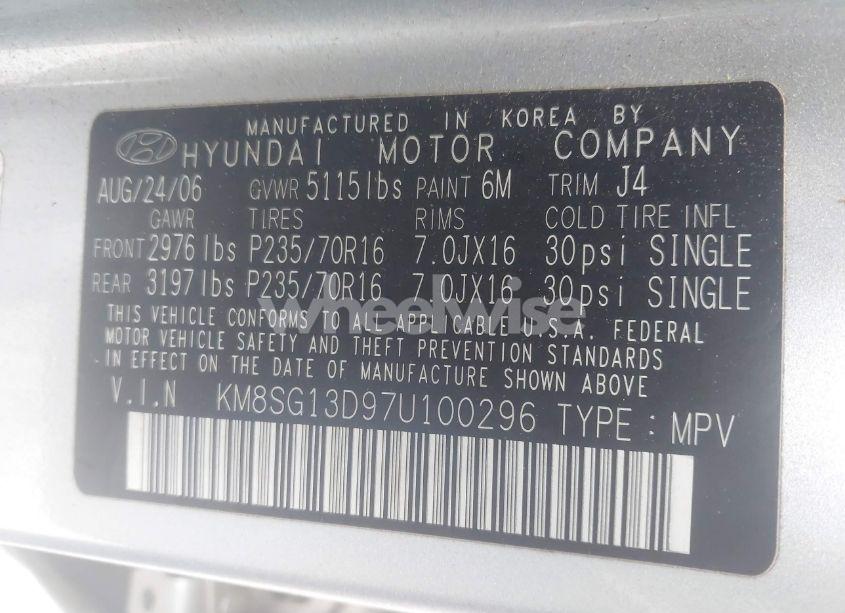 Photo 9 of 2007 Hyundai Santa FE GLS (VIN KM8SG13D97U100296)