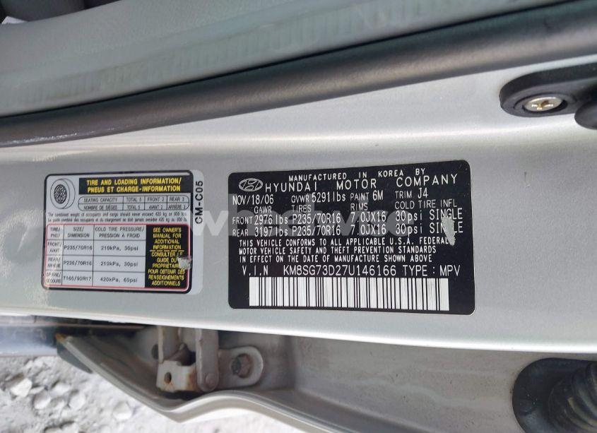 Photo 9 of 2007 Hyundai Santa FE GLS (VIN KM8SG73D27U146166)