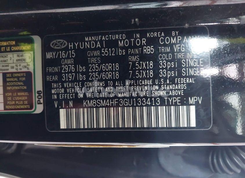 Photo 9 of 2016 Hyundai Santa FE SE (VIN KM8SM4HF3GU133413)