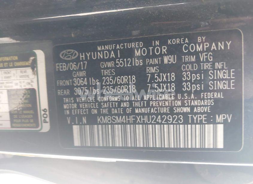 Photo 9 of 2017 Hyundai Santa FE SE (VIN KM8SM4HFXHU242923)