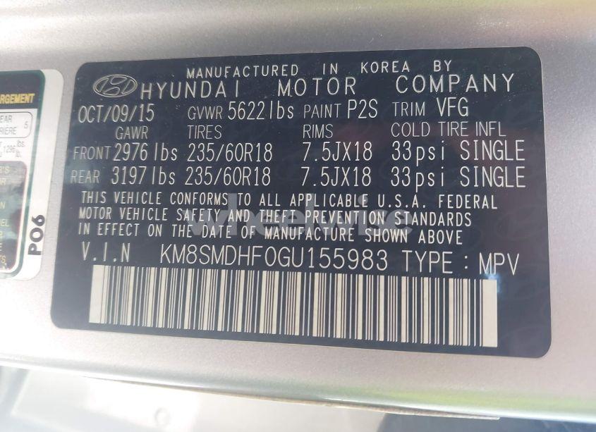 Photo 9 of 2016 Hyundai Santa FE SE (VIN KM8SMDHF0GU155983)