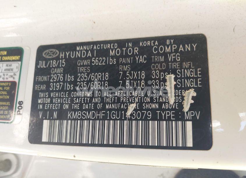 Photo 9 of 2016 Hyundai Santa FE SE (VIN KM8SMDHF1GU143079)