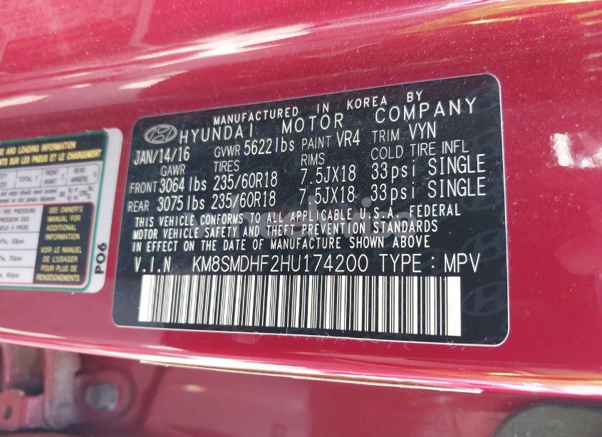 Photo 9 of 2017 Hyundai Santa FE SE (VIN KM8SMDHF2HU174200)