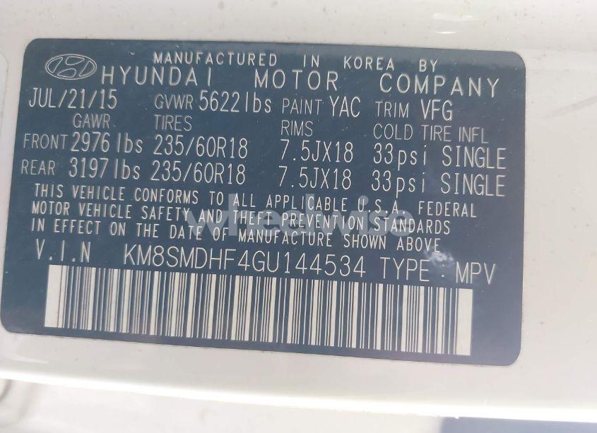 Photo 9 of 2016 Hyundai Santa FE SE (VIN KM8SMDHF4GU144534)