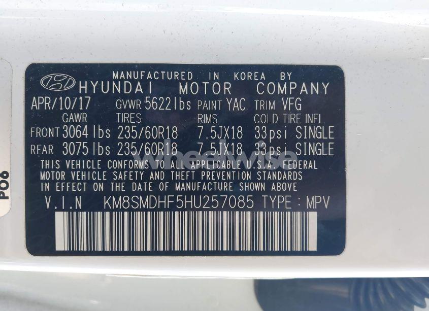 Photo 9 of 2017 Hyundai Santa FE SE (VIN KM8SMDHF5HU257085)