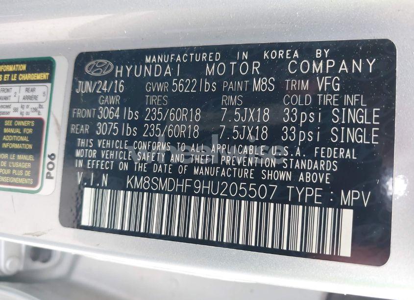 Photo 9 of 2017 Hyundai Santa FE SE (VIN KM8SMDHF9HU205507)