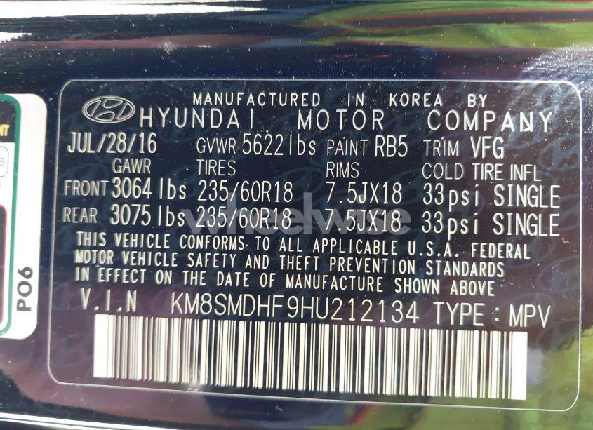 Photo 9 of 2017 Hyundai Santa FE SE (VIN KM8SMDHF9HU212134)