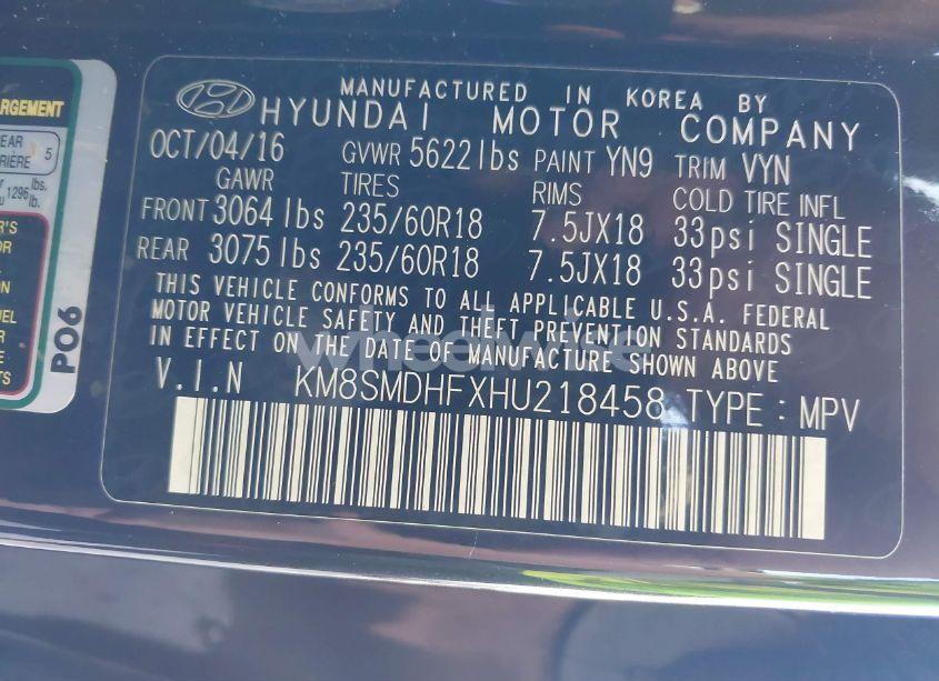 Photo 9 of 2017 Hyundai Santa FE SE (VIN KM8SMDHFXHU218458)