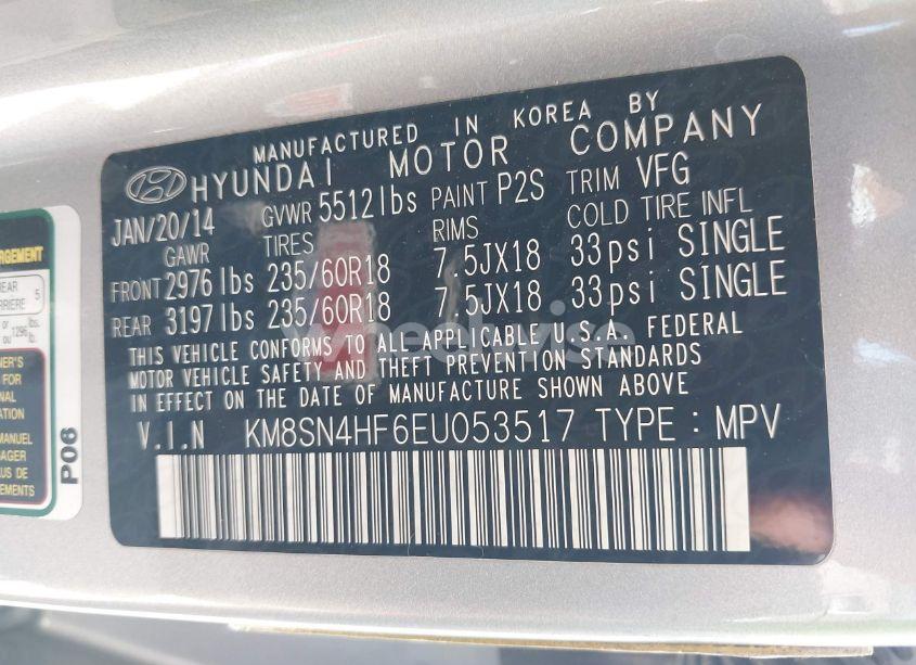 Photo 9 of 2014 Hyundai Santa FE GLS (VIN KM8SN4HF6EU053517)