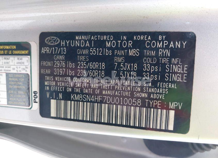 Photo 9 of 2013 Hyundai Santa FE GLS (VIN KM8SN4HF7DU010058)
