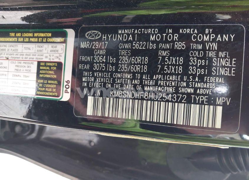 Photo 9 of 2017 Hyundai Santa FE SE (VIN KM8SNDHF8HU254372)