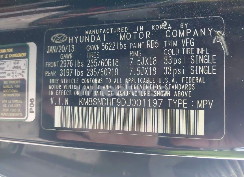 Photo 9 of 2013 Hyundai Santa FE GLS (VIN KM8SNDHF9DU001197)