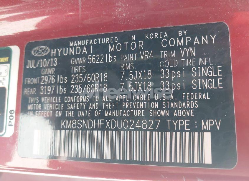 Photo 9 of 2013 Hyundai Santa FE GLS (VIN KM8SNDHFXDU024827)