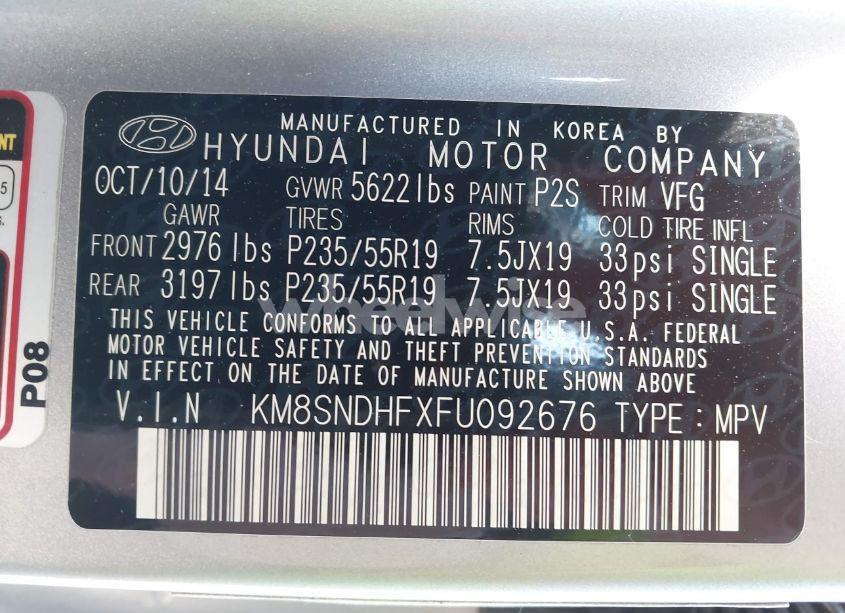 Photo 9 of 2015 Hyundai Santa FE GLS (VIN KM8SNDHFXFU092676)