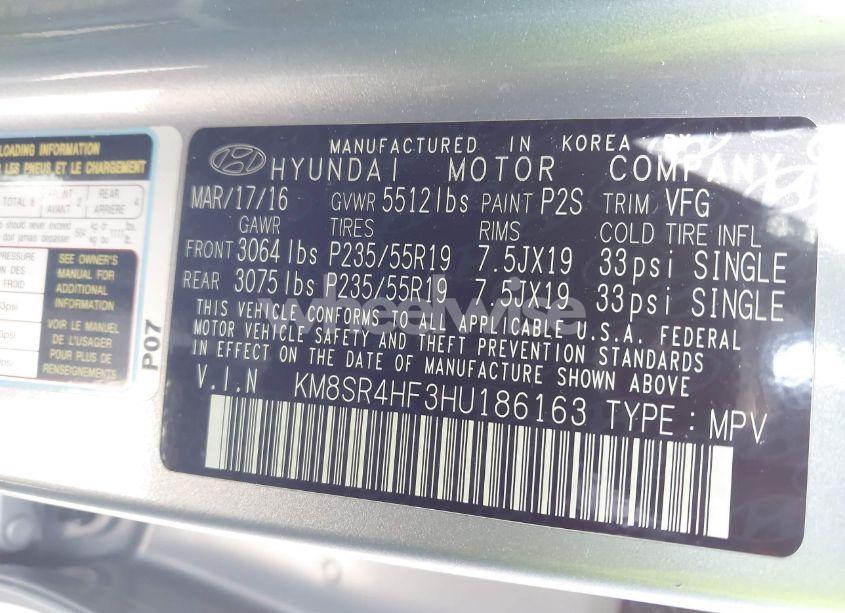 Photo 9 of 2017 Hyundai Santa FE LIMITED ULTIMATE (VIN KM8SR4HF3HU186163)