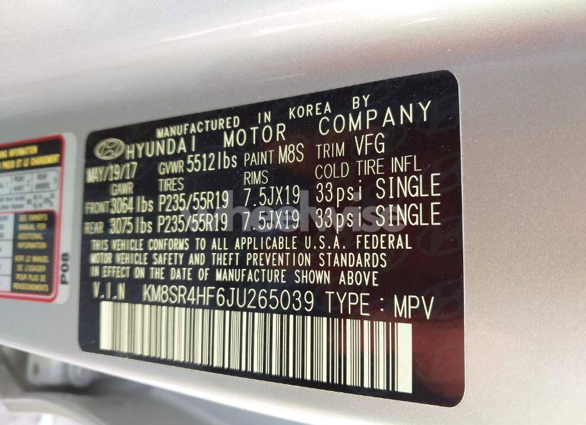 Photo 9 of 2018 Hyundai Santa FE SE ULTIMATE (VIN KM8SR4HF6JU265039)