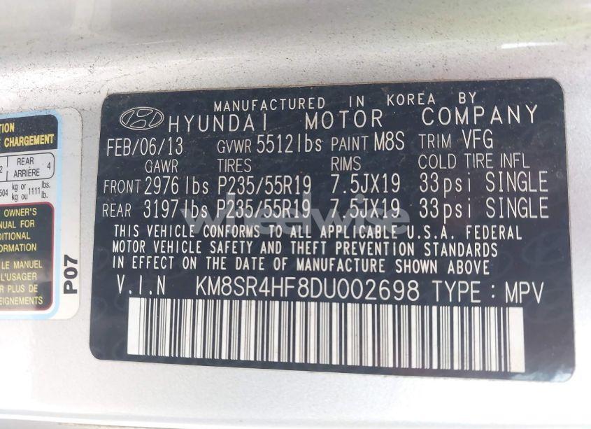 Photo 9 of 2013 Hyundai Santa FE LIMITED (VIN KM8SR4HF8DU002698)