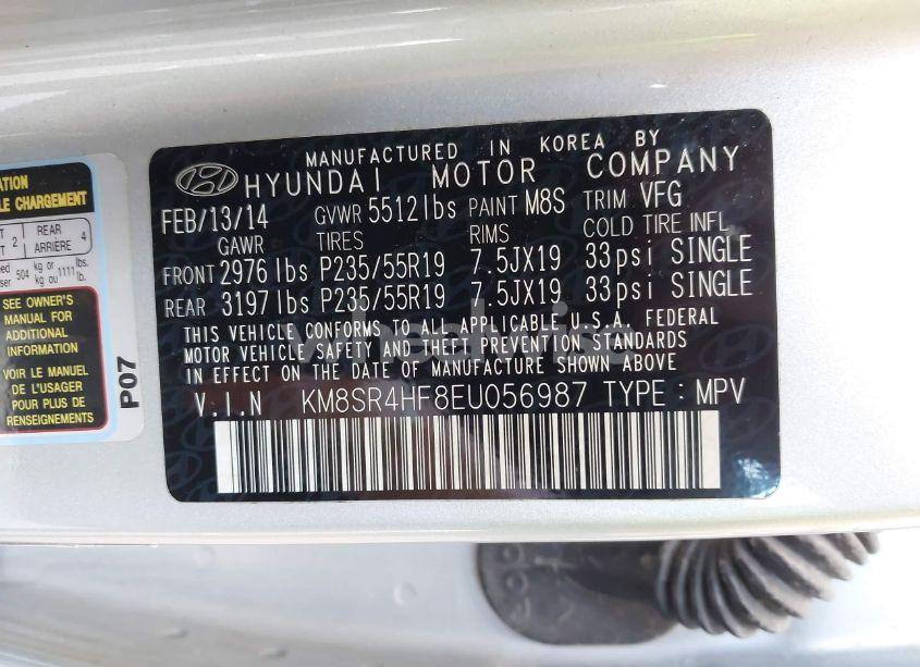 Photo 9 of 2014 Hyundai Santa FE LIMITED (VIN KM8SR4HF8EU056987)