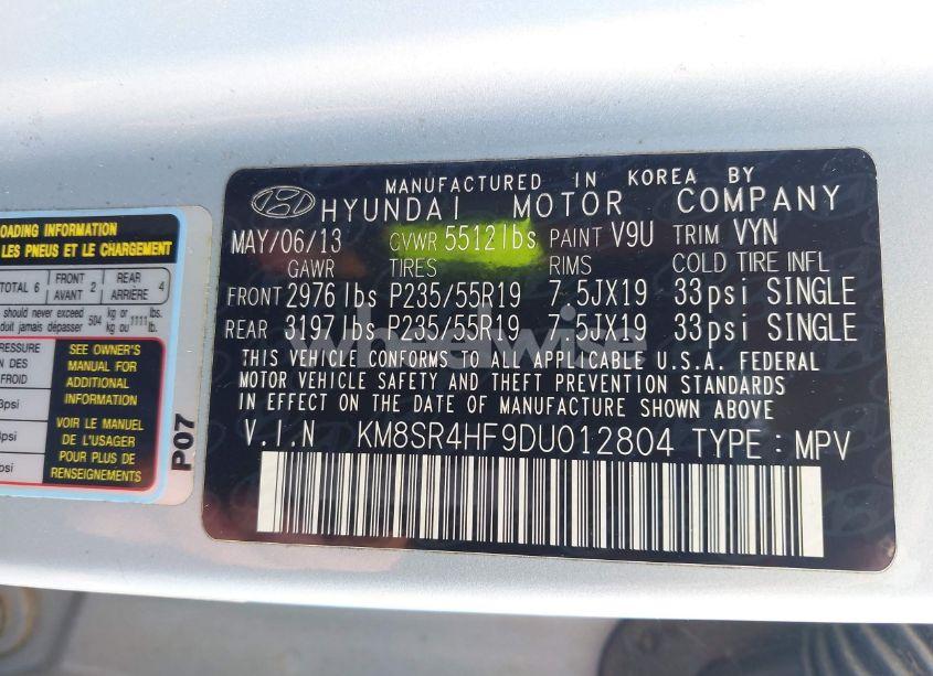 Photo 9 of 2013 Hyundai Santa FE LIMITED (VIN KM8SR4HF9DU012804)