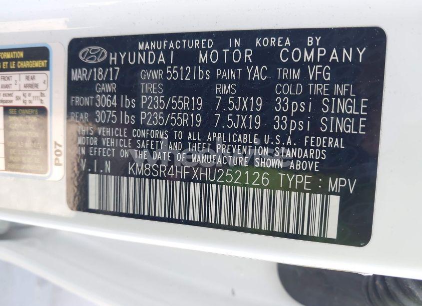 Photo 9 of 2017 Hyundai Santa FE LIMITED ULTIMATE (VIN KM8SR4HFXHU252126)