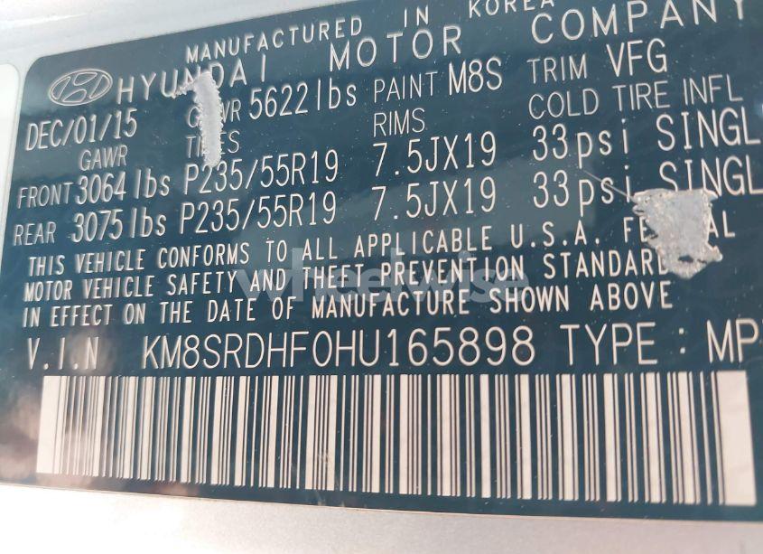 Photo 9 of 2017 Hyundai Santa FE SE ULTIMATE (VIN KM8SRDHF0HU165898)