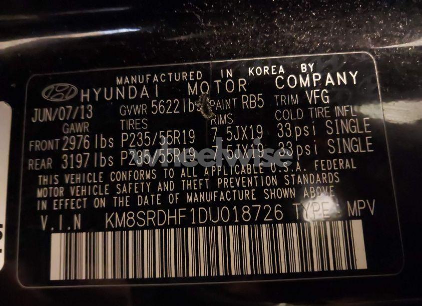 Photo 9 of 2013 Hyundai Santa FE LIMITED (VIN KM8SRDHF1DU018726)