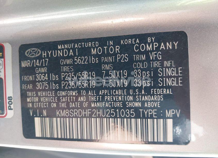 Photo 9 of 2017 Hyundai Santa FE SE ULTIMATE (VIN KM8SRDHF2HU251035)