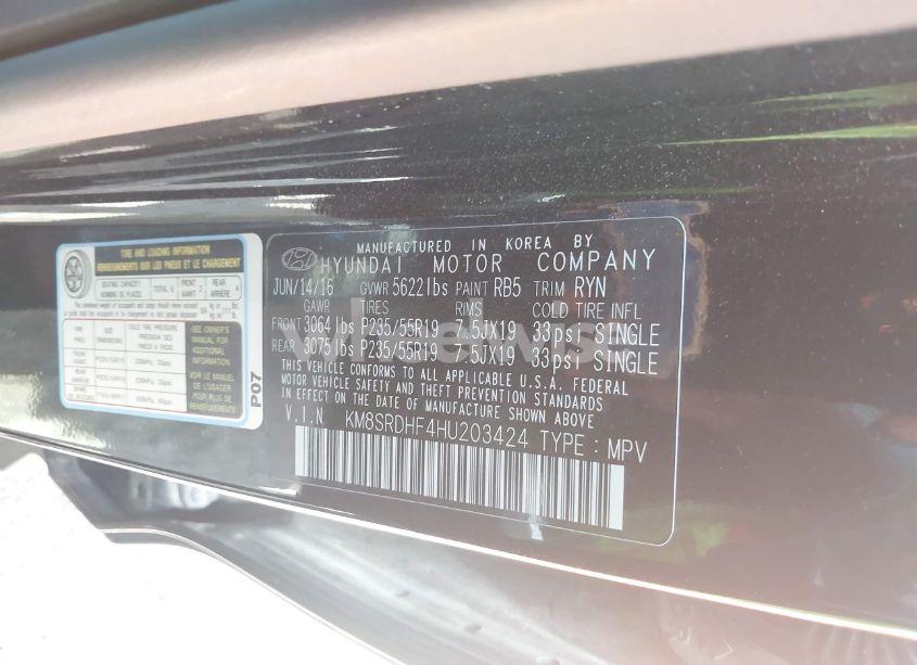 Photo 9 of 2017 Hyundai Santa FE LIMITED ULTIMATE (VIN KM8SRDHF4HU203424)