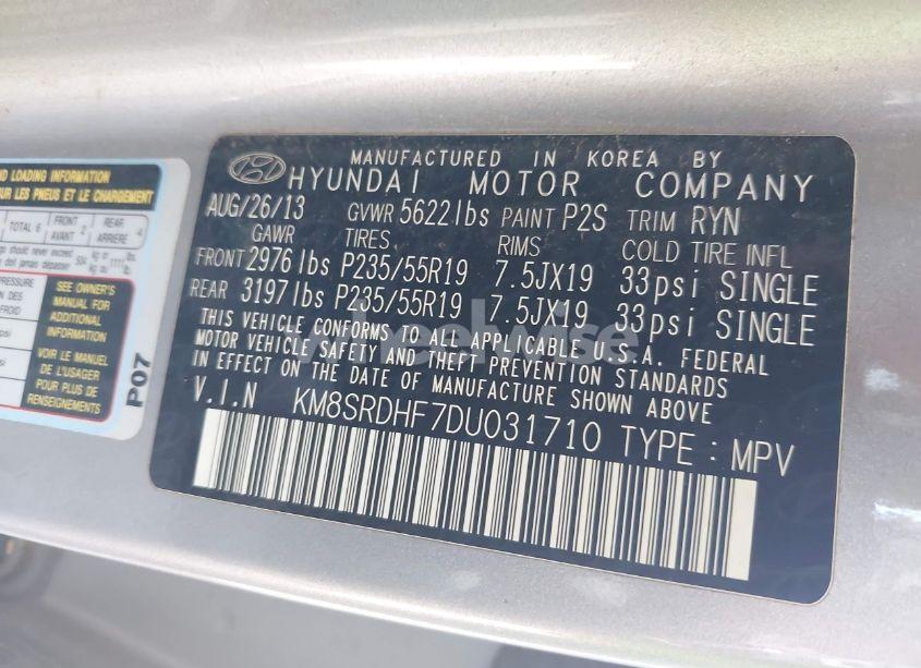 Photo 9 of 2013 Hyundai Santa FE LIMITED (VIN KM8SRDHF7DU031710)