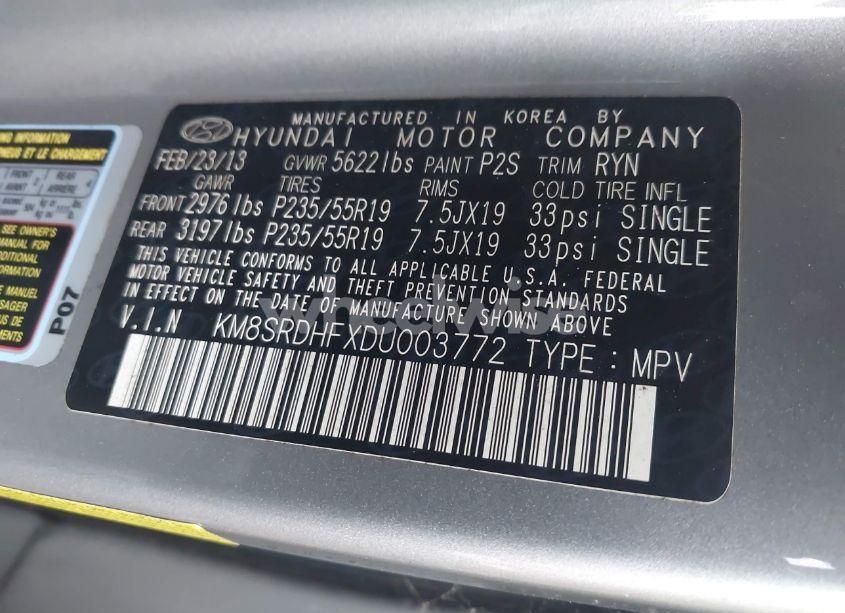 Photo 9 of 2013 Hyundai Santa FE LIMITED (VIN KM8SRDHFXDU003772)