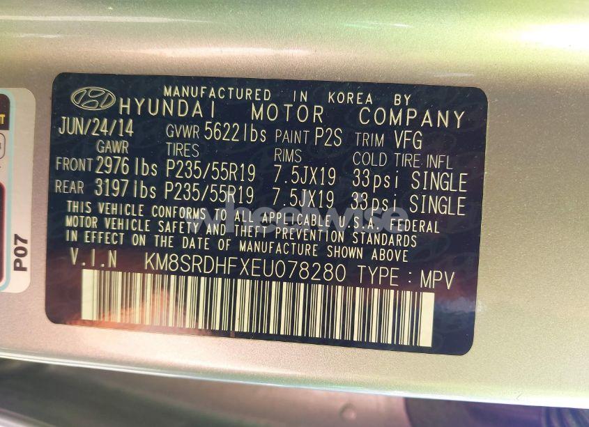 Photo 9 of 2014 Hyundai Santa FE LIMITED (VIN KM8SRDHFXEU078280)