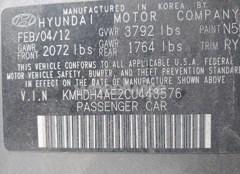 Photo 9 of 2012 Hyundai Elantra LIMITED (ULSAN PLANT) (VIN KMHDH4AE2CU443576)