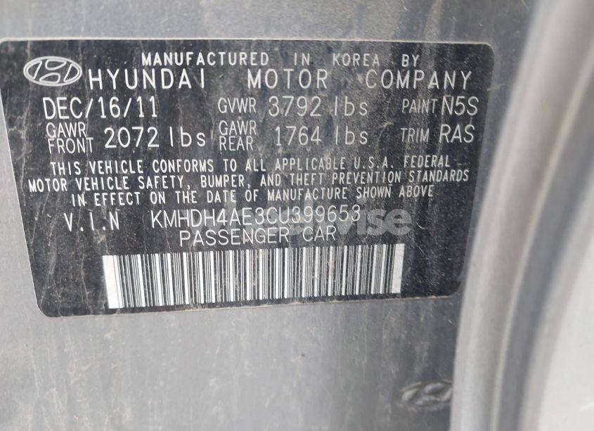Photo 9 of 2012 Hyundai Elantra GLS (ULSAN PLANT) (VIN KMHDH4AE3CU399653)