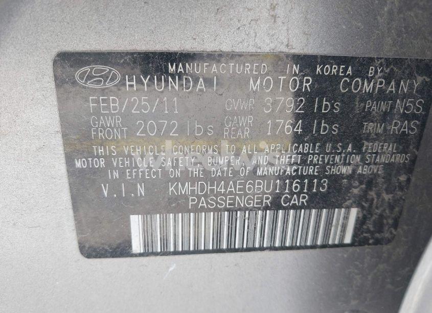 Photo 9 of 2011 Hyundai Elantra LIMITED (ULSAN PLANT) (VIN KMHDH4AE6BU116113)