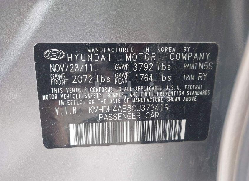 Photo 9 of 2012 Hyundai Elantra LIMITED (ULSAN PLANT) (VIN KMHDH4AE8CU373419)