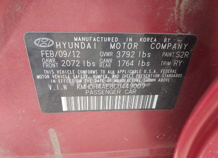 Photo 9 of 2012 Hyundai Elantra LIMITED (ULSAN PLANT) (VIN KMHDH4AE8CU449009)