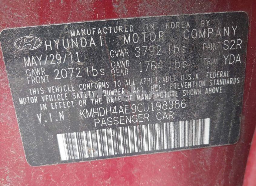Photo 9 of 2012 Hyundai Elantra GLS (ULSAN PLANT) (VIN KMHDH4AE9CU198386)