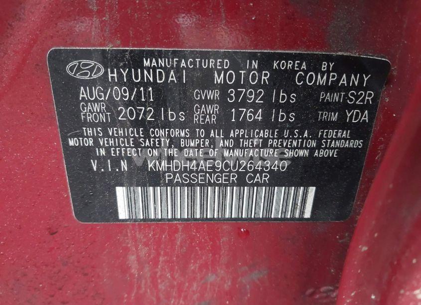 Photo 9 of 2012 Hyundai Elantra LIMITED (ULSAN PLANT) (VIN KMHDH4AE9CU264340)