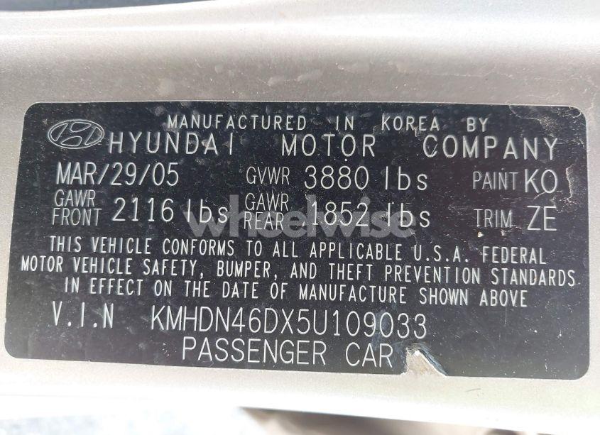Photo 9 of 2005 Hyundai Elantra GLS/GT (VIN KMHDN46DX5U109033)