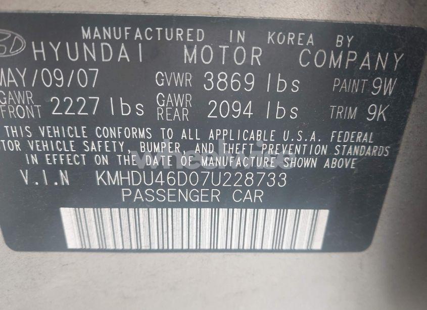 Photo 9 of 2007 Hyundai Elantra GLS/LIMITED/SE (VIN KMHDU46D07U228733)