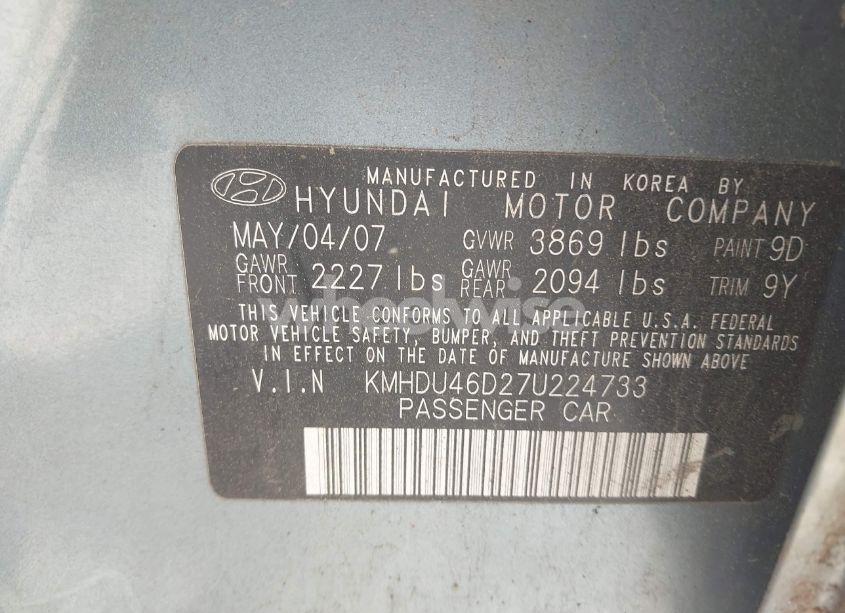 Photo 9 of 2007 Hyundai Elantra GLS/LIMITED/SE (VIN KMHDU46D27U224733)