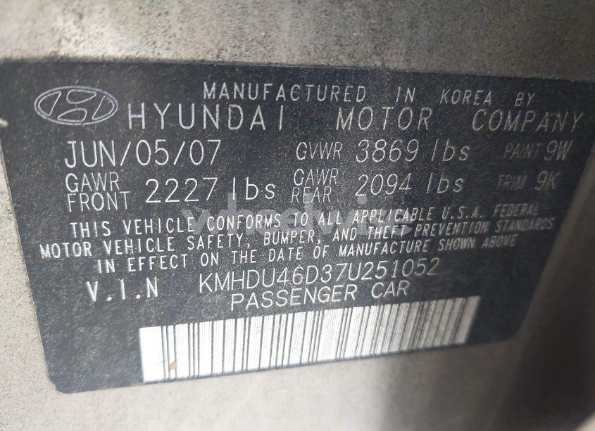 Photo 9 of 2007 Hyundai Elantra GLS/LIMITED/SE (VIN KMHDU46D37U251052)