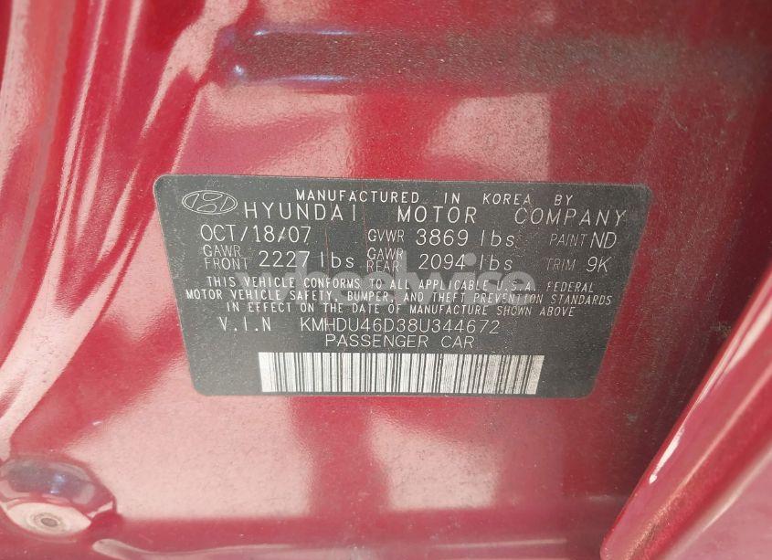 Photo 9 of 2008 Hyundai Elantra GLS/SE (VIN KMHDU46D38U344672)