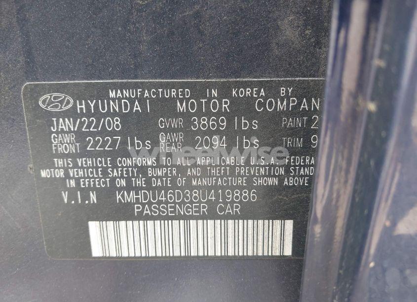 Photo 9 of 2008 Hyundai Elantra GLS/SE (VIN KMHDU46D38U419886)