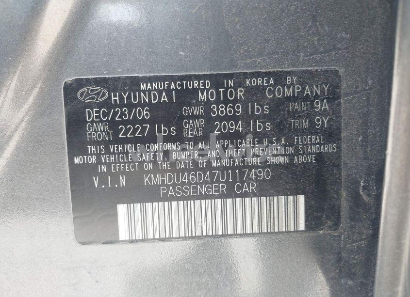 Photo 9 of 2007 Hyundai Elantra GLS/LIMITED/SE (VIN KMHDU46D47U117490)