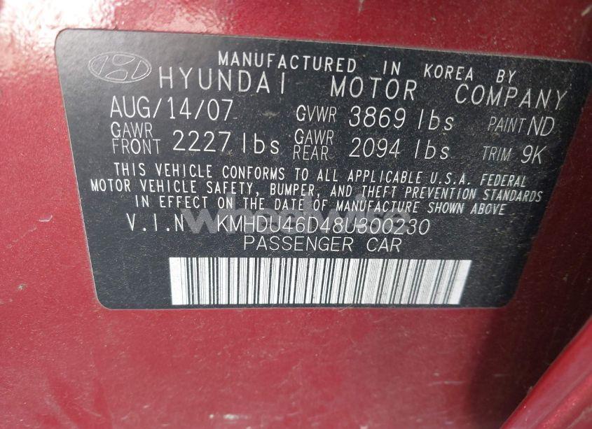 Photo 9 of 2008 Hyundai Elantra GLS/SE (VIN KMHDU46D48U300230)