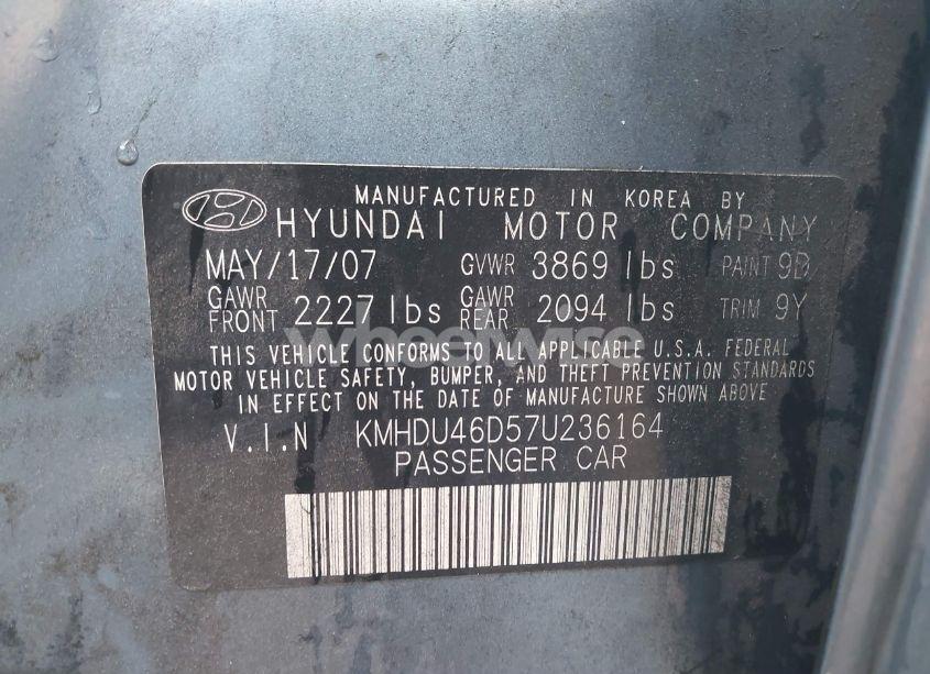 Photo 9 of 2007 Hyundai Elantra GLS/LIMITED/SE (VIN KMHDU46D57U236164)