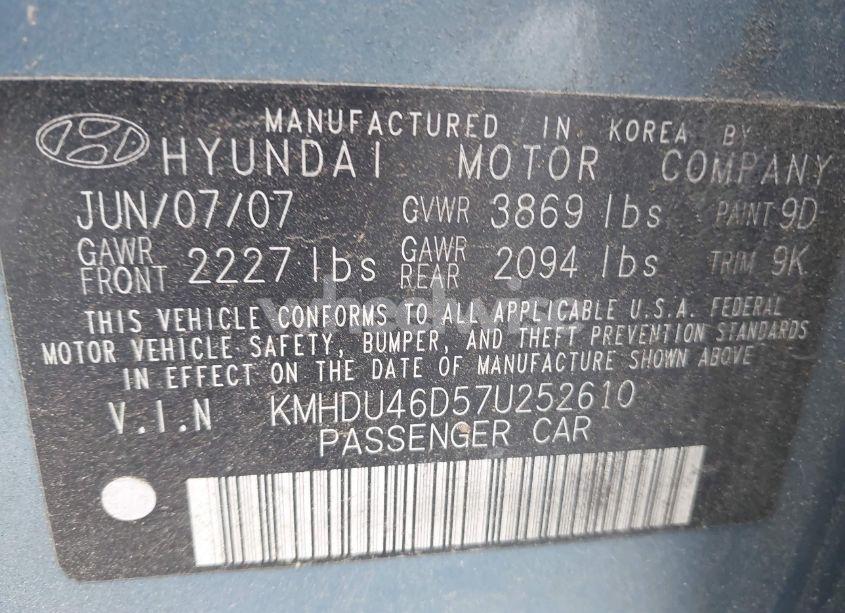 Photo 9 of 2007 Hyundai Elantra GLS/LIMITED/SE (VIN KMHDU46D57U252610)