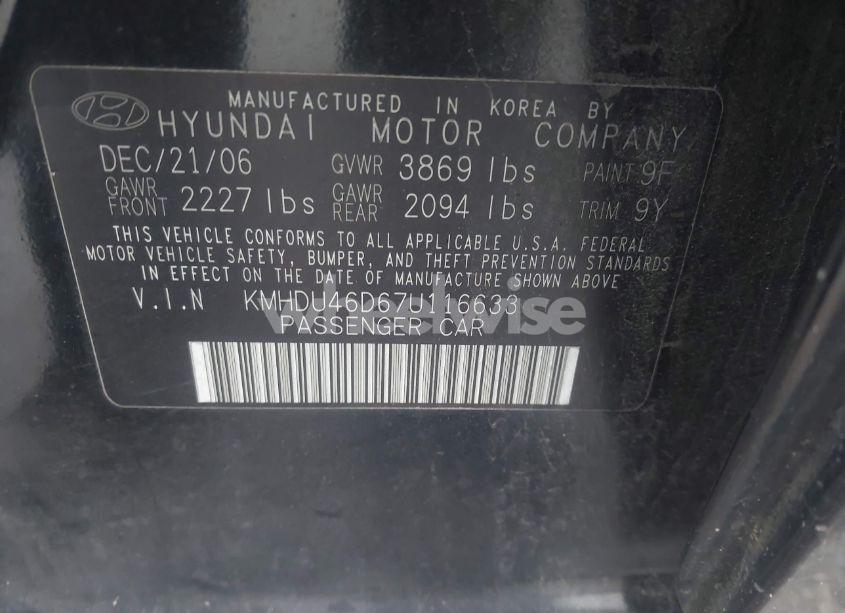 Photo 9 of 2007 Hyundai Elantra GLS/LIMITED/SE (VIN KMHDU46D67U116633)